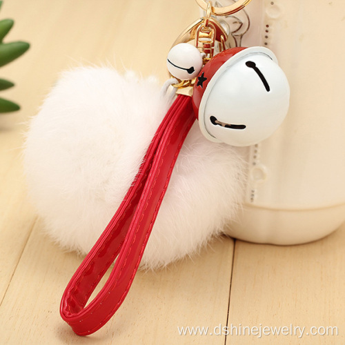 Customized Rabbit Fur Ball Charm Keychain With Bell Pendant